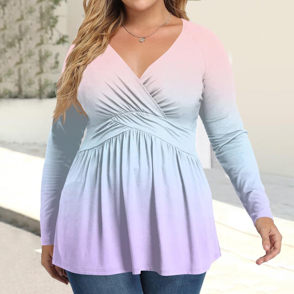 Women's Plus Size Shirt Long Sleeve  Print Top Pleated Casual V-Neck Top