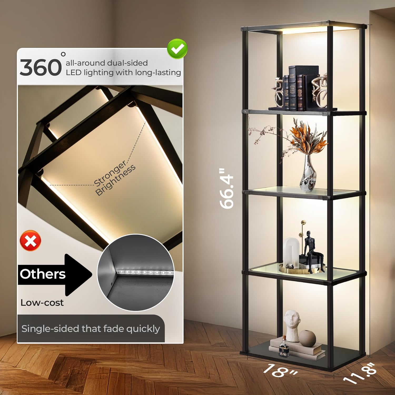 

Высокий стеллаж-торшер, диммируемый светодиод с 3 цветовыми температурами, стеклянный книжный шкаф с пультом, черный