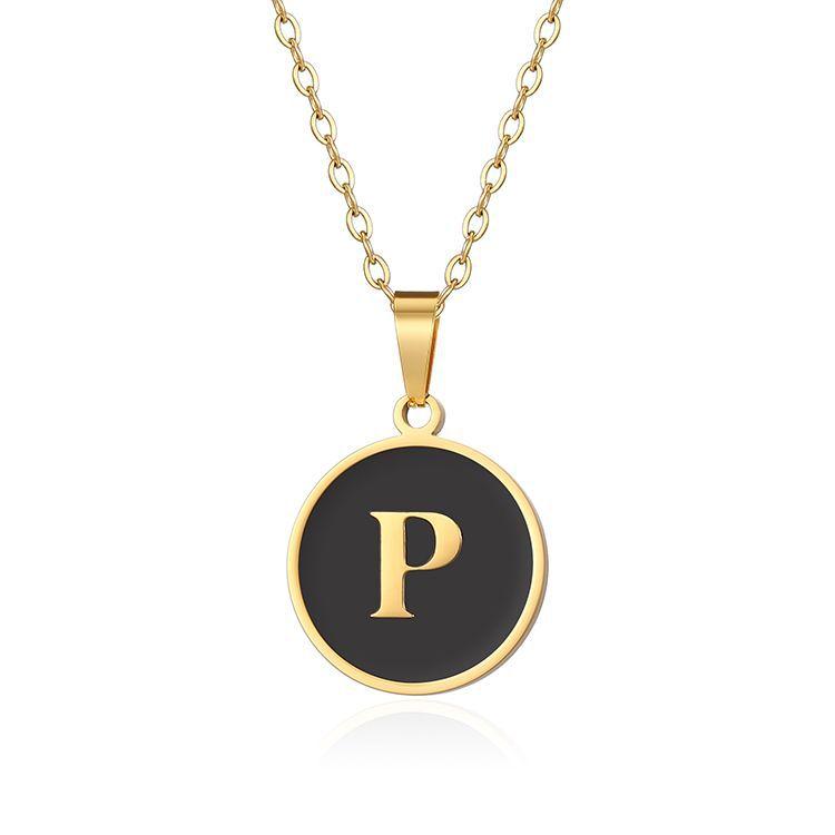 English letter oiled necklace, European and American trend titanium steel chain, round gold letter pendant collarbone chain
