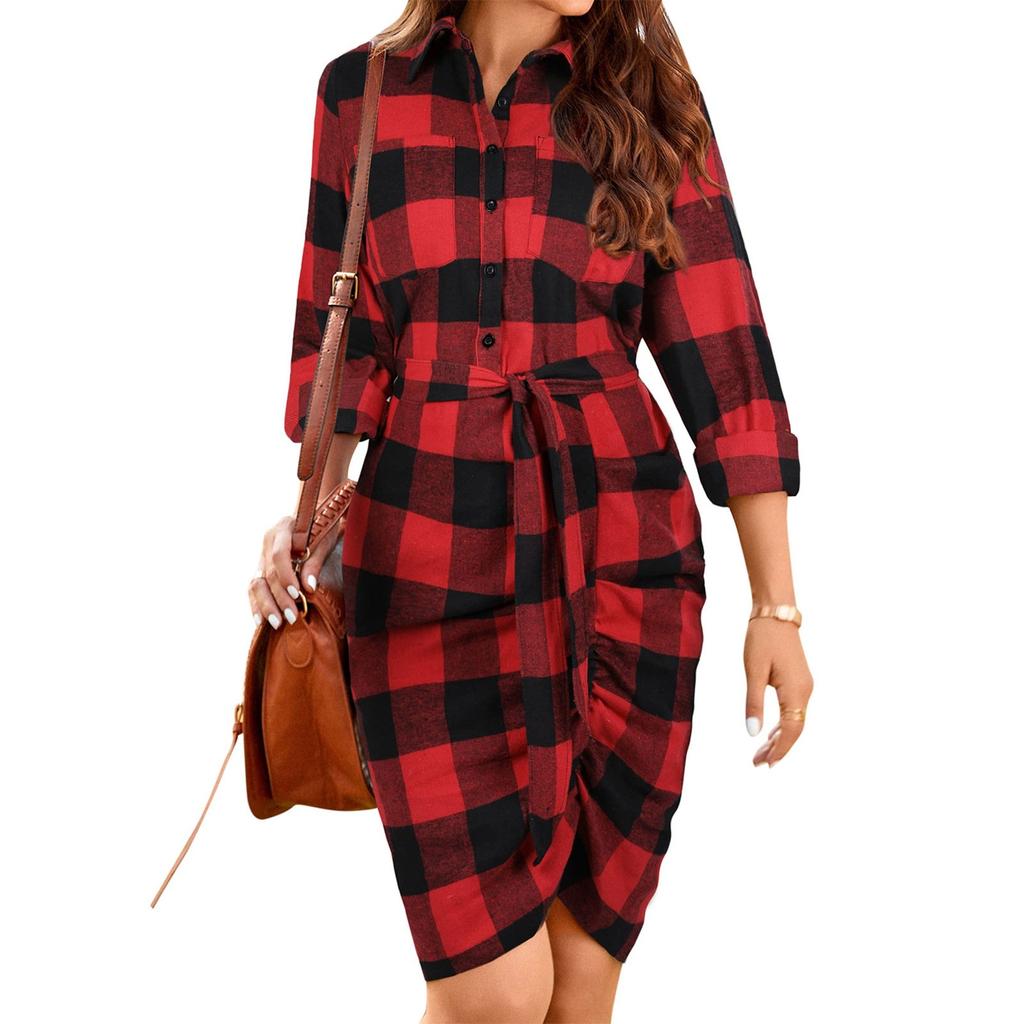 Women's Fashion Casual Tie Waist Shirt Long Sleeve Lapel Short Skirt Plaid Dress