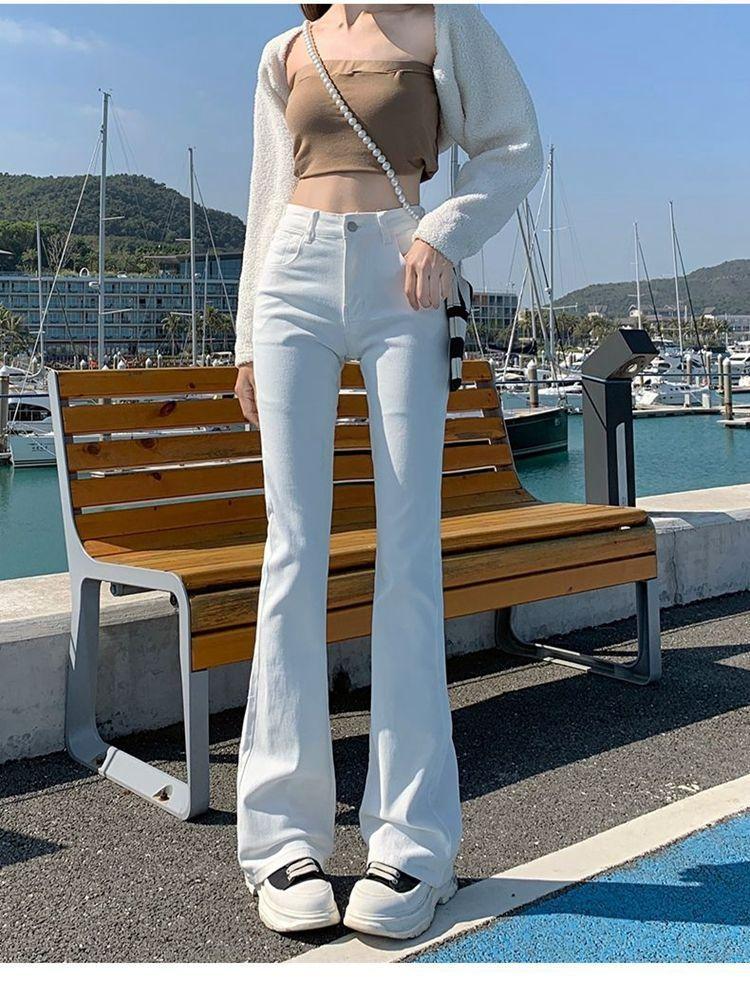 White Straight Jeans Women High Waist Elastic Slim Thin Small People Drag The Ground Horseshoe Flare Trousers Jeans for Women Long Denim Pants