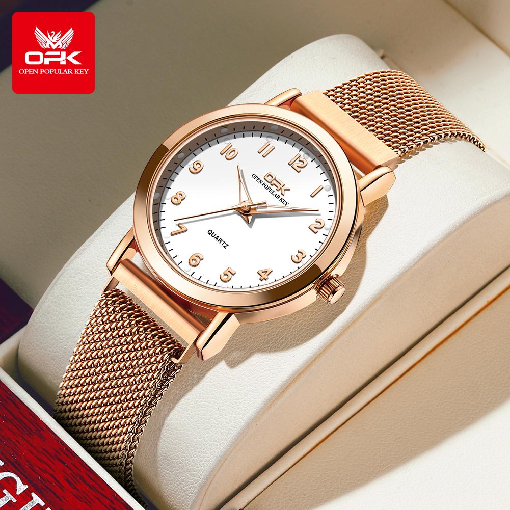 OPK 8115 Women's Watches Simple Fashion Oirginal Wristwatch for Female Stainless Steel Mesh Strap Waterproof Luminous Reloj