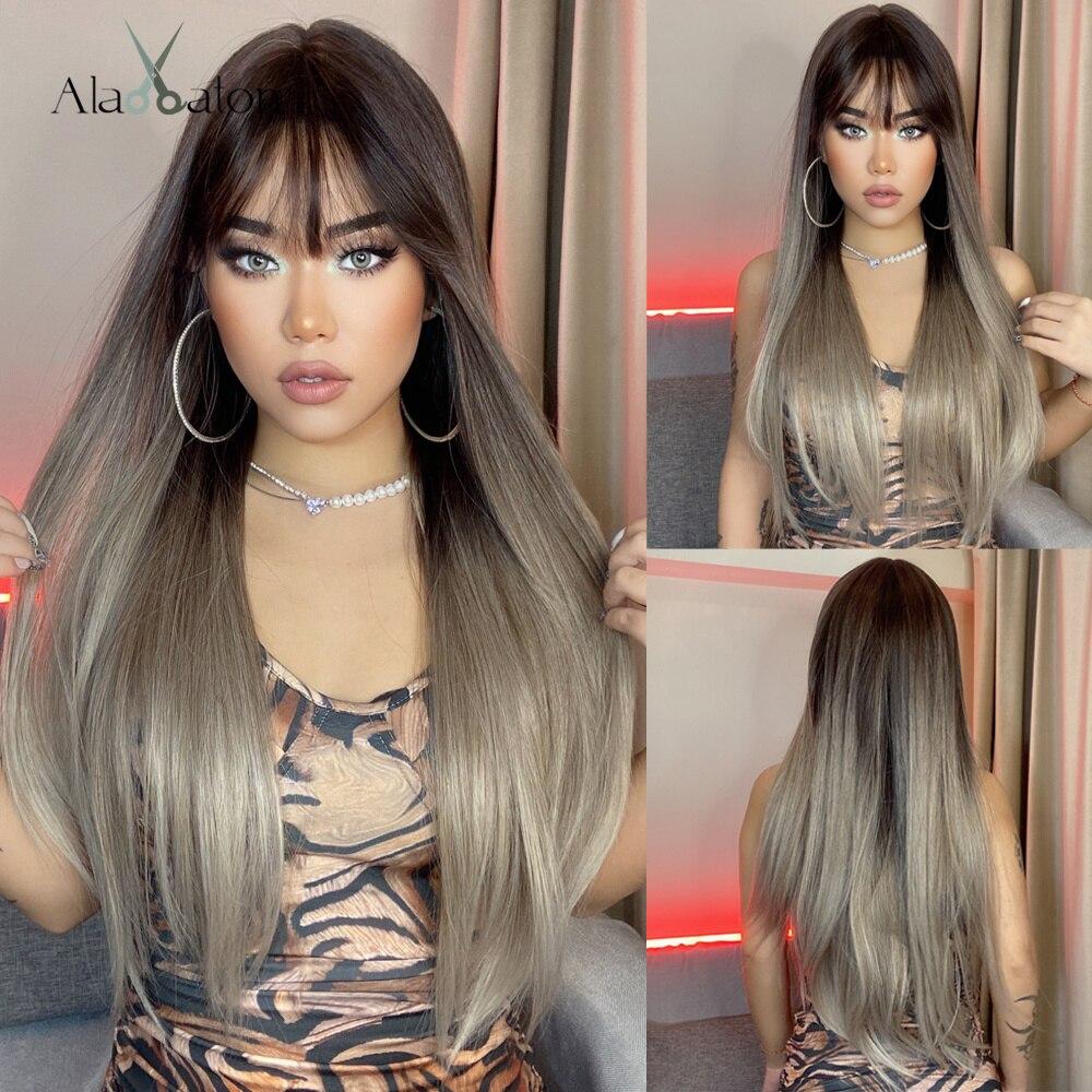 ALAN EATON Ash Grey Brown Mixed Synthetic Wigs for Women Long Straight Middle Part Hair Wigs Daily Cosplay Use Heat Resistant