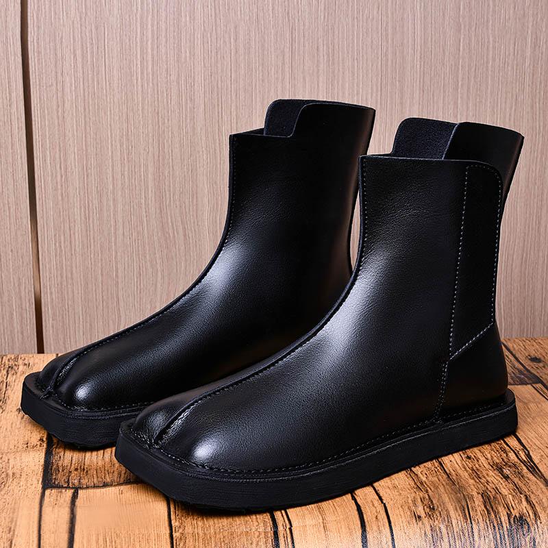 

Genuine Leather Men Black Ankle Boots Cow Tabi Split Toe Chelsea Boots Outdoor Comfort High Top Men Casual Shoes Classic Design 47