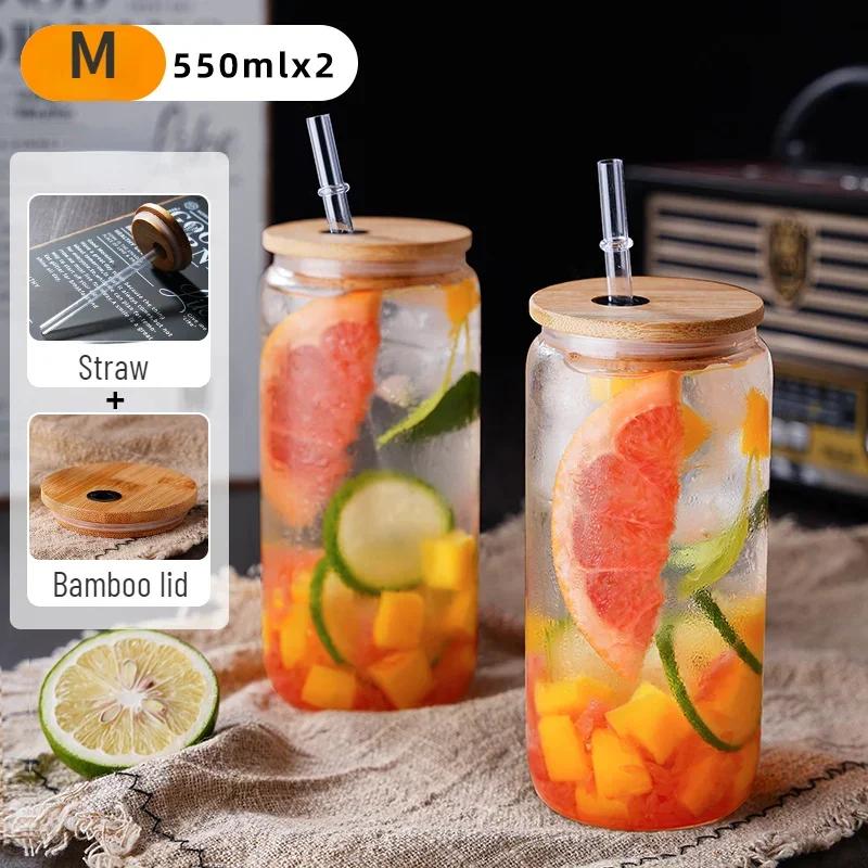 Drinking Cup Glasses with Bamboo Lid Juice Glass Straws Beer MugIce Coffee Mugs Cute Glasses Beer Jars Glasses Brush Drinkware