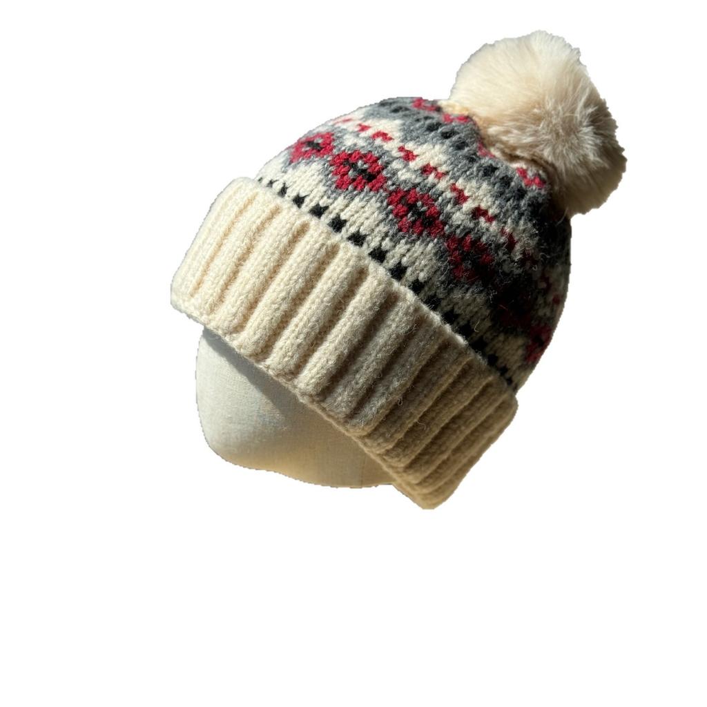 Fair Isle Christmas Woolen Hat for Women Winter Warm and Cute Fur Ball Ear Protection Hat Cold Hat Trend