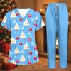 Women's Uniform Set with Short Sleeve Christmas Print Top and Pants, Two-Piece Caregiver