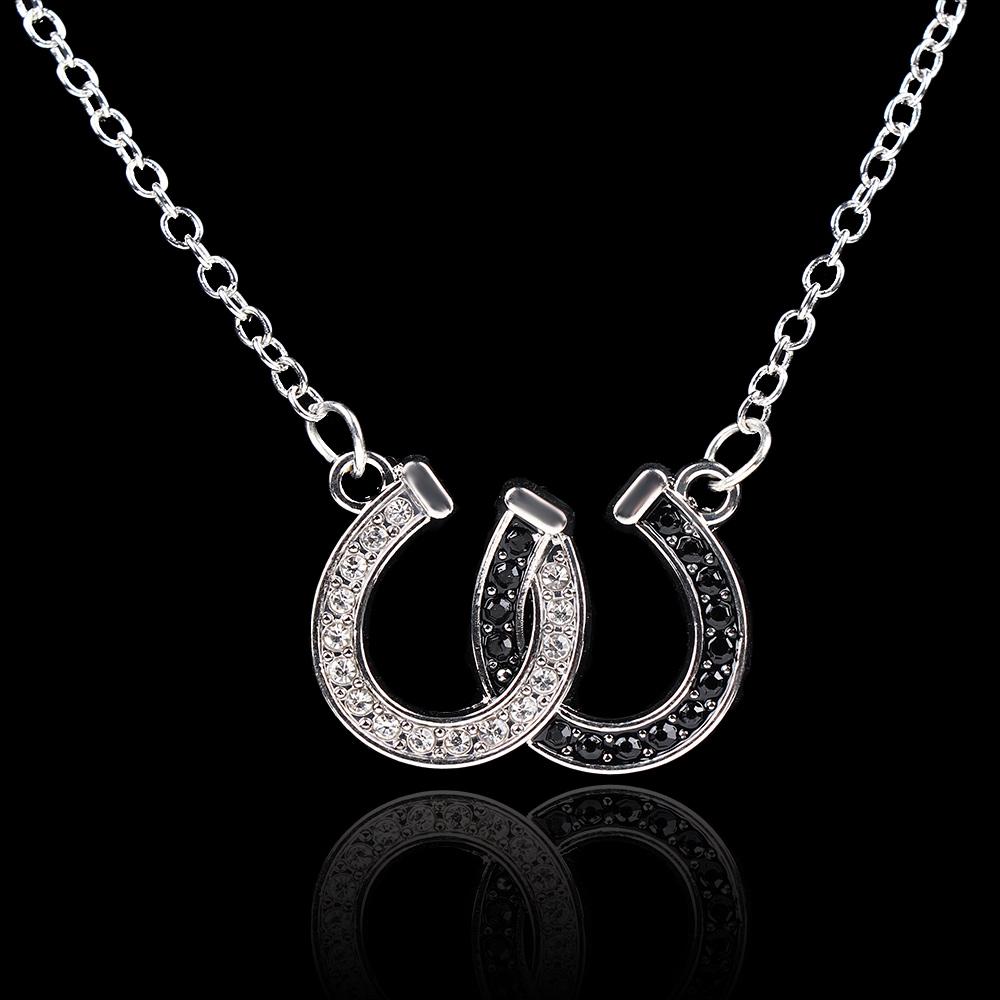 

Black White Jewelry Rhinestone Double Horse Hoof Pendant Women Lady Necklace Alloy Chain