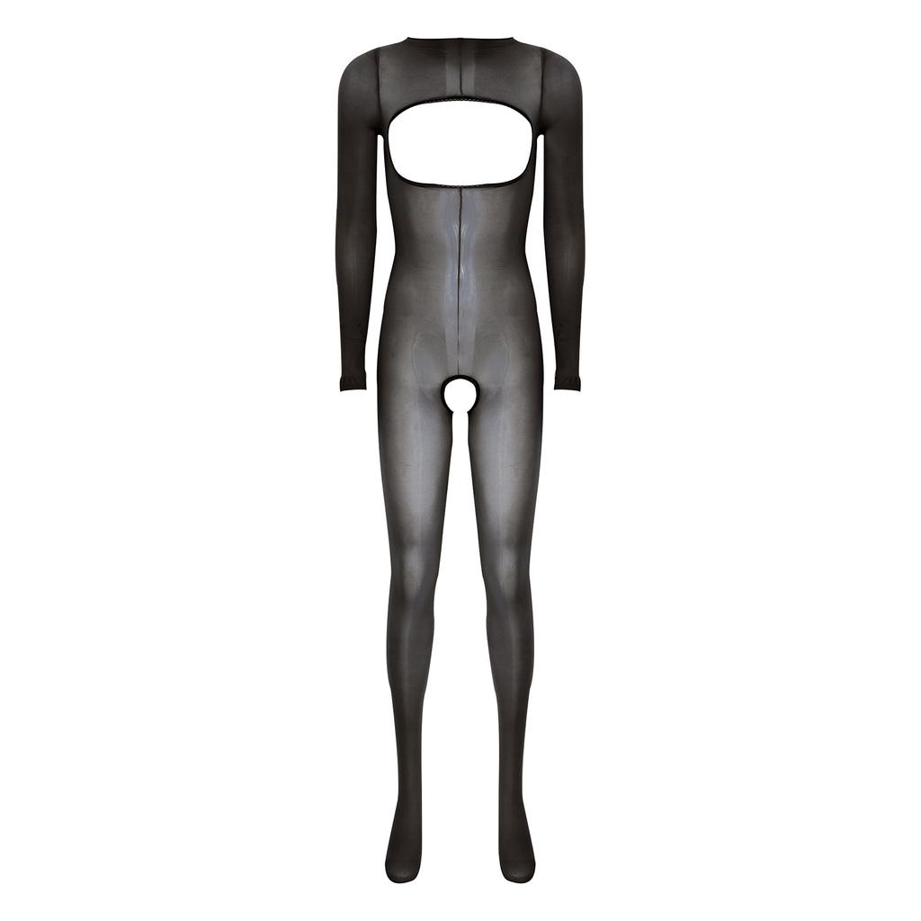 Damska błyszcząca prześwitująca body-pończocha z długim rękawem, otwarta w kroku i na biuście