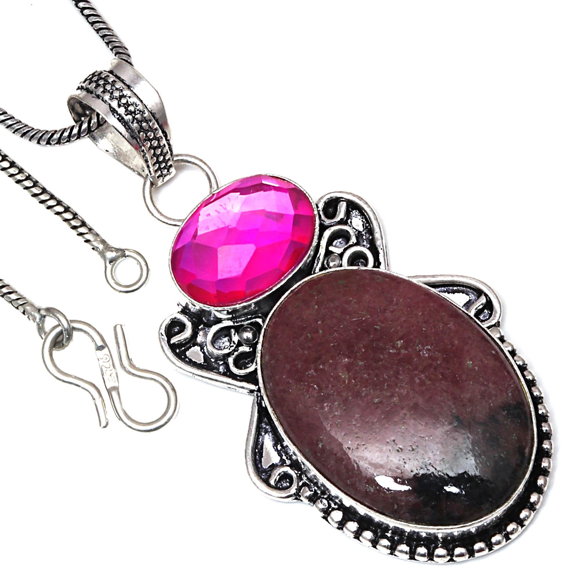 

Pendant Rhodonite Pink MyStick Gemstone Handmade Ethnic Silver Jewelry 2.25