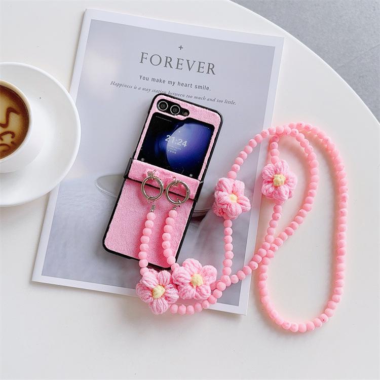 Applicable To Samsung ZFlip6 Autumn and Winter Plush Zflip5 Flower Love Plush Messenger Lanyard Zflip4 Protective Case