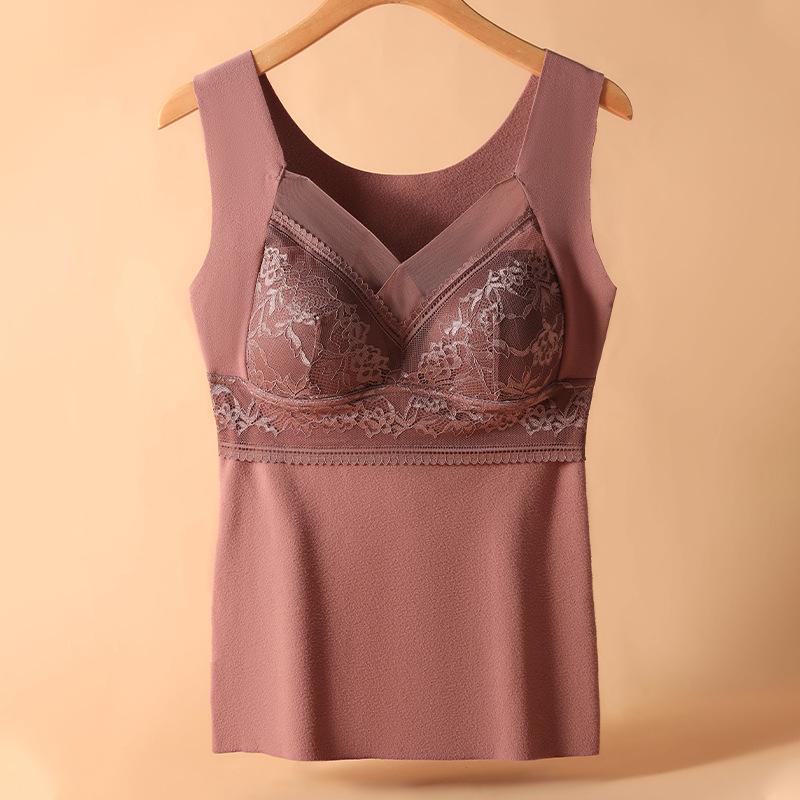 806 Women's V-Neck Seamless Lace Warm Vest with Chest Pad - Winter Base Layer
