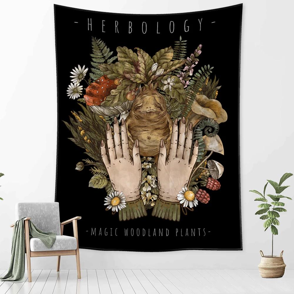 Vintage Magic Mushroom Tapestry Wall Hanging Witch Hand Mural Botanical Mystery Boho Hippie Home Decor
