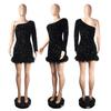 European & American Autumn/Winter Sequin Feather Dress with One-Shoulder Long Sleeve