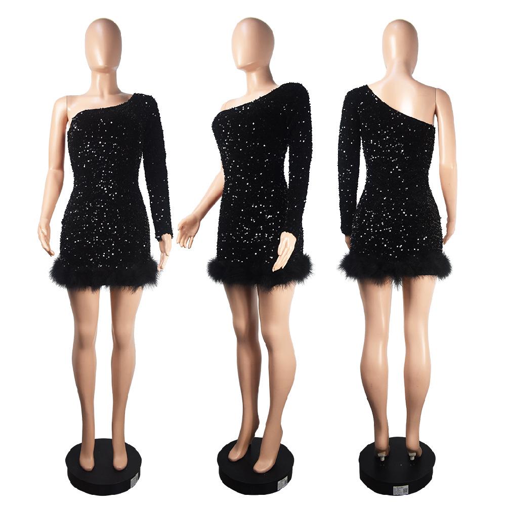 European & American Autumn/Winter Sequin Feather Dress with One-Shoulder Long Sleeve