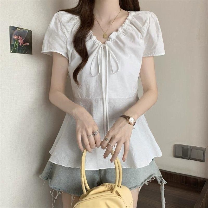 Women's White V-Neck Drawstring Puff Sleeve Peplum Hem Casual Blouse