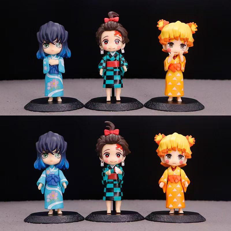 6Pcs/Set Anime Demon Slayer Figure Kimono Tanjirou Zenitsu Kawaii Figure Model Toys Decoration Doll Gift