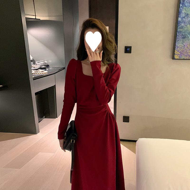 Red dress women's long-sleeved engagement dress can be worn daily Hepburn small red dress high-end temperament autumn and winter