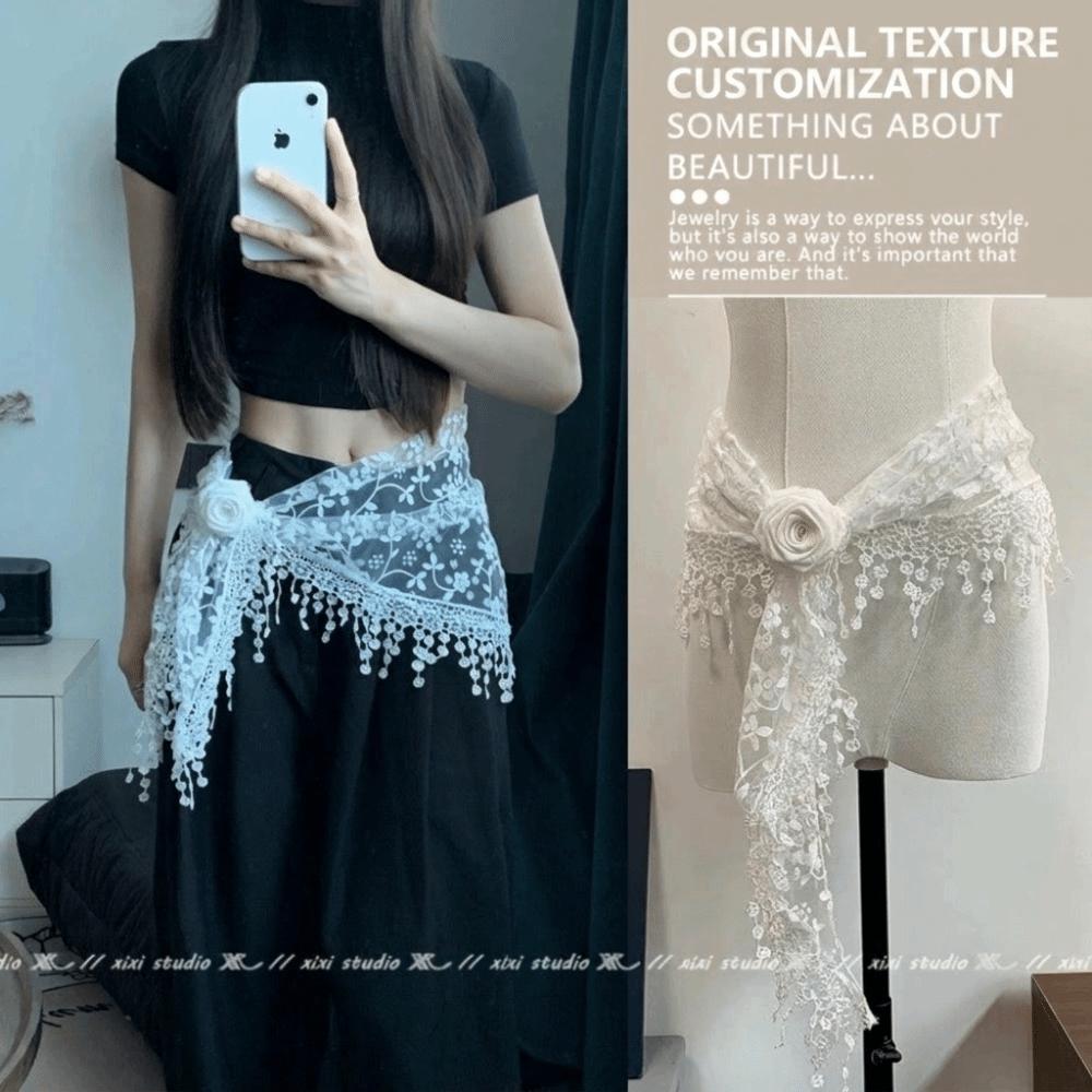 Solid Color Lace Scarf Hollow-out Triangle Scarf French Tassel Shawls  Spring Summer