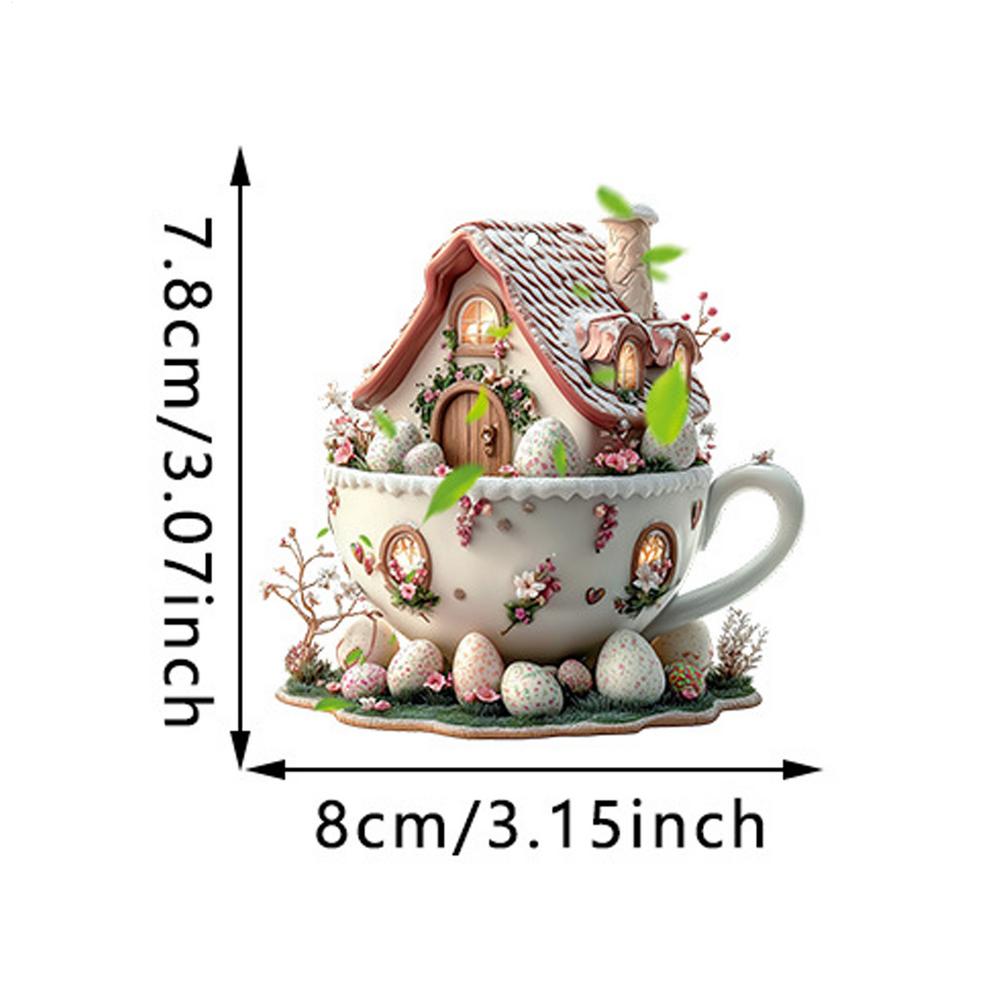 Easter Pendant 2d Flat Acrylic Coffee Cup House Easter Egg Ornaments Coffee Cup House Easter Egg Hangable Decor Party Supplies