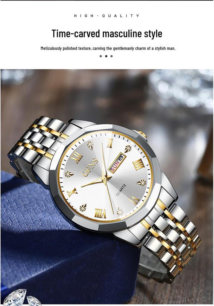 Orologi al Quarzo Impermeabili per Coppia Oufanni con Doppio Calendario e Bracciale in Acciaio Luminoso