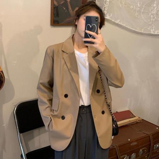 Jarní dámské sako, jednobarevné, dvouřadé, klopové, kancelářské, dámské, volný střih, klopové kapsy, sako