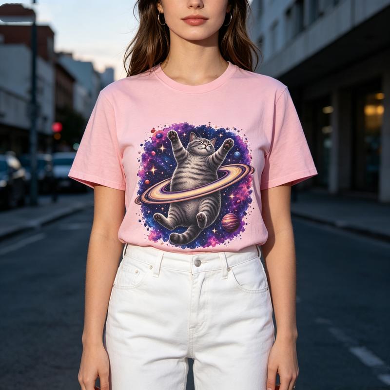 Space Ring Cat Graphic T Shirt Galaxy Saturn Cat Print Unisexs Unisexs Cotton Crew Neck Casual Y2k Top Harajuku Oversized T Shirt