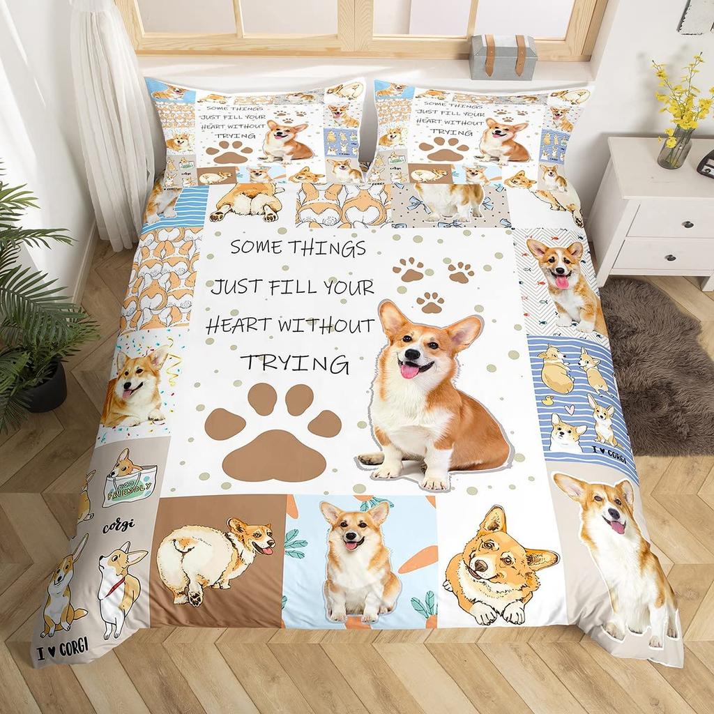 Pug Corgi Shiba Puppy Duvet Cover Set Dog Comforter Cover I Love Dogs Bedding Sets Kawaii Animals Cartoon Bedspreads Full Size