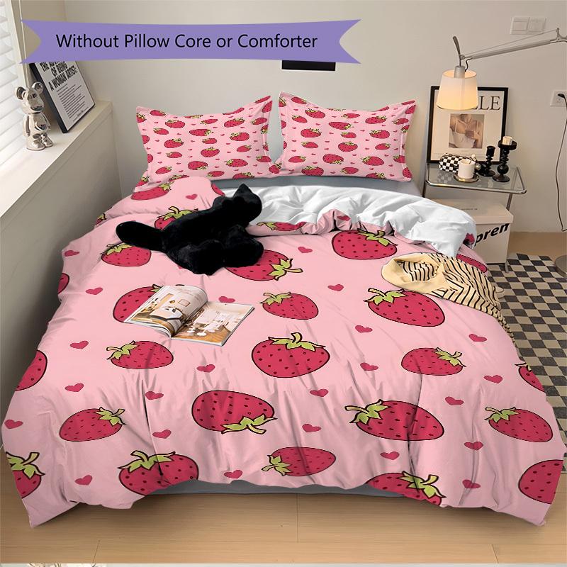 3pcs Strawberry Hearts print bedding quilt cover, soft and comfortable quilt cover suitable for bedroom and guest room200