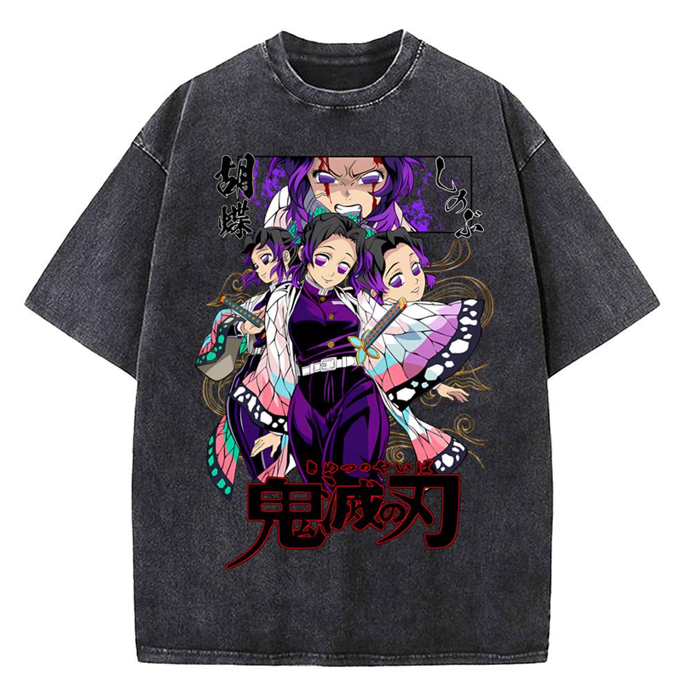 Harajuku Demon Slayer Grafik T-Shirt Herren Vintage Anime Gewaschene T-Shirts für Damen Streetwear Sommer T-Shirts T-Shirt
