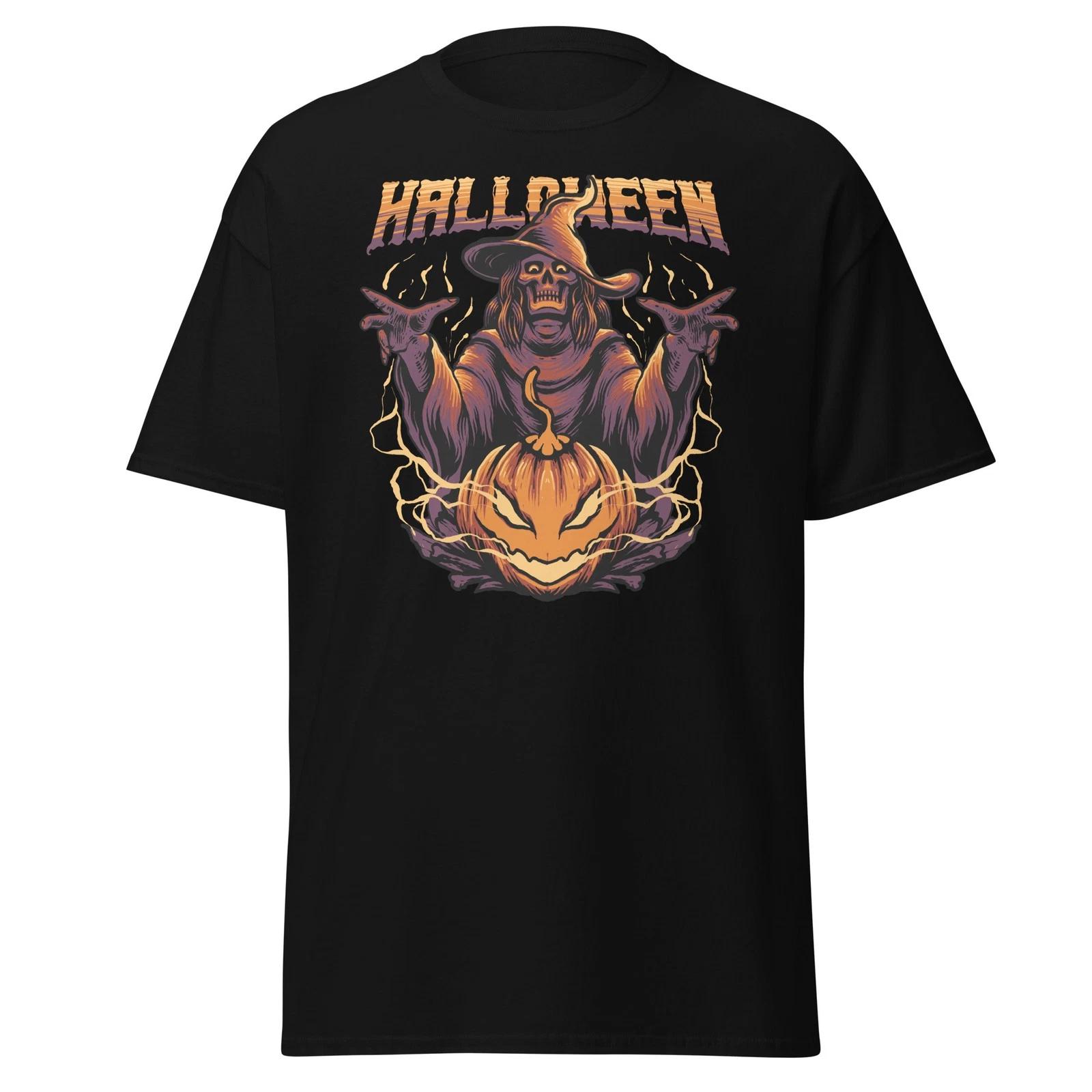 Skeleton Wizard Jackolantern Unisex Classic 100% Cotton T-shirt Mens Tees Top Halloween 4XL