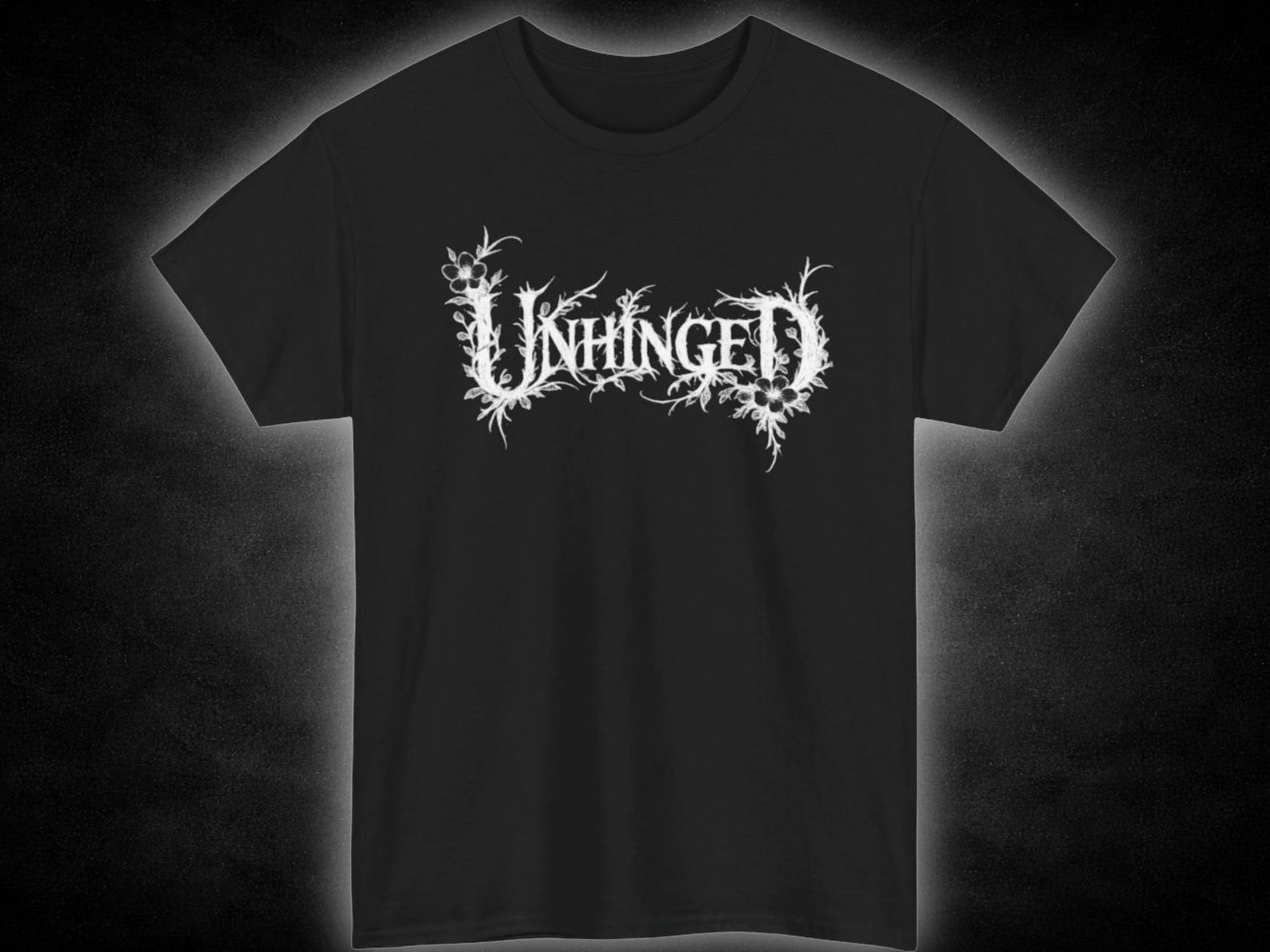 Unhinged Floral Metal Logo T-Shirt | Gothic Band Tee, Distressed Lettering M