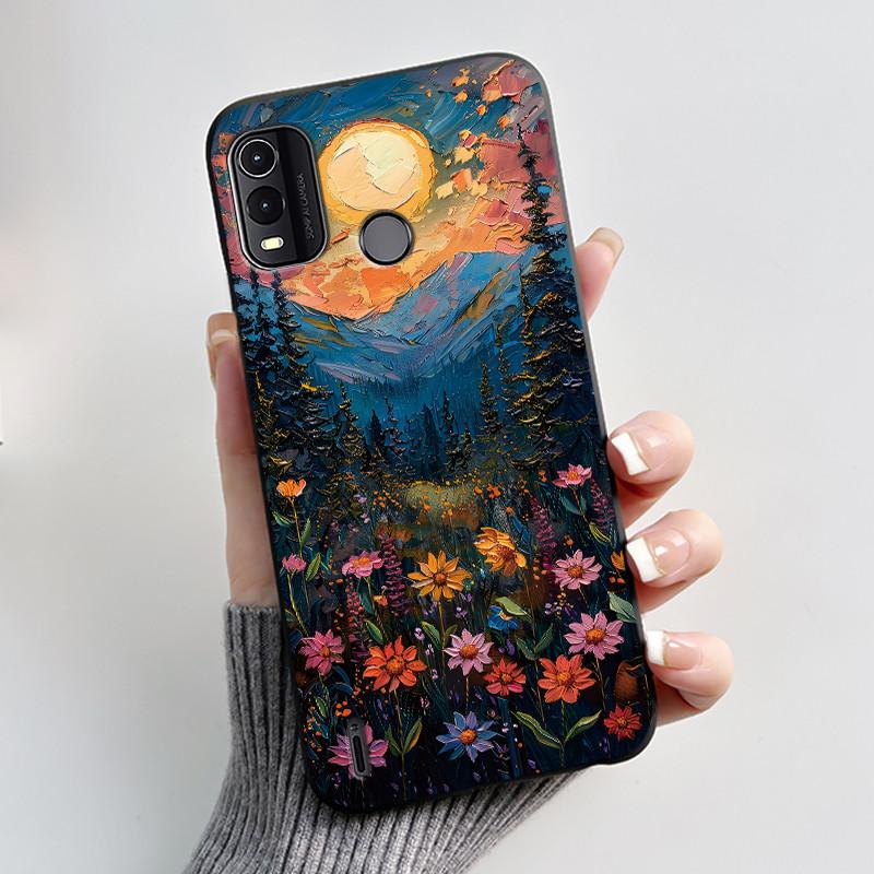 Dreamy Black Case For Nokia G11 Plus Elegant Butterfly Wildflower Pattern Shell With Jelly Color Shockproof Bumper Soft Cover