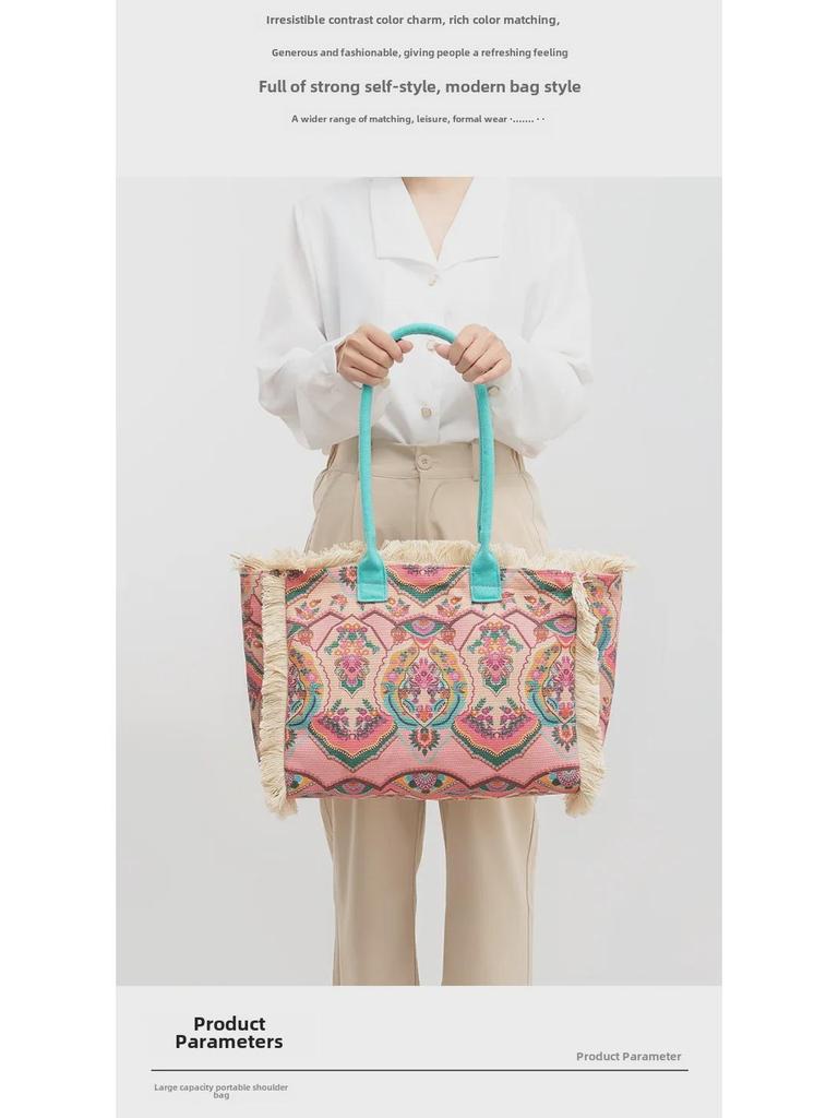 Bohemian Retro Canvas Tote Bag - Women's Summer Shoulder Handbag with Zipper and Large Capacity
