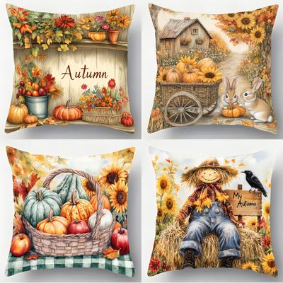 4pcs Autumn Pillow Covers 45x45cm Harvest Scarecrow Pumpkin Sunflower Farmhouse Design for Sofa Bed Decor Zipper Closure