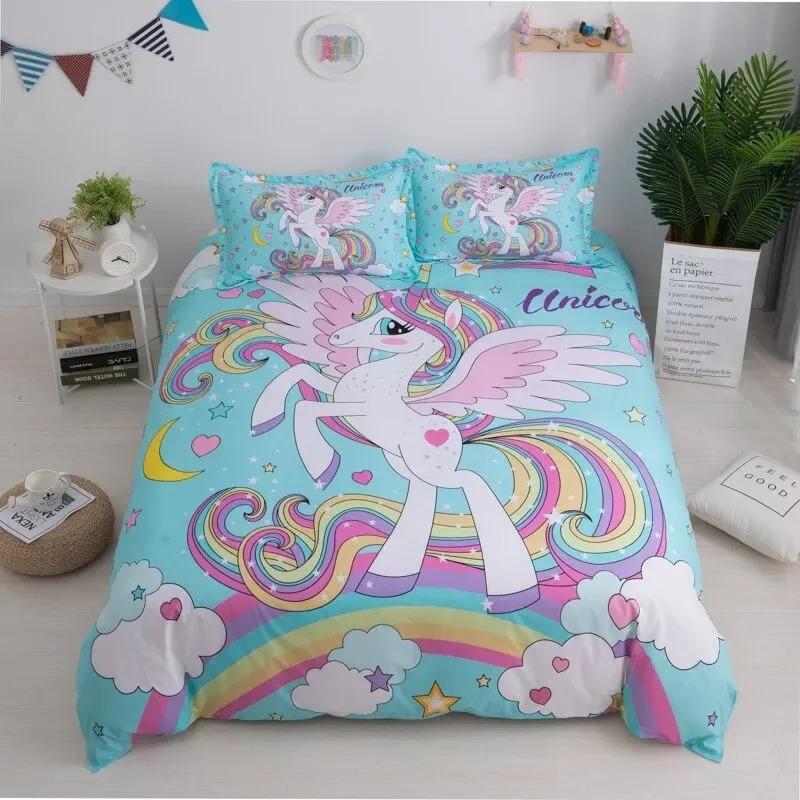 Children Bedding Set Single Bedding and Bed Sets Home Textile Unicorn Cartoon Lovely Kids Duvet Cover Set King Queen Full Twin