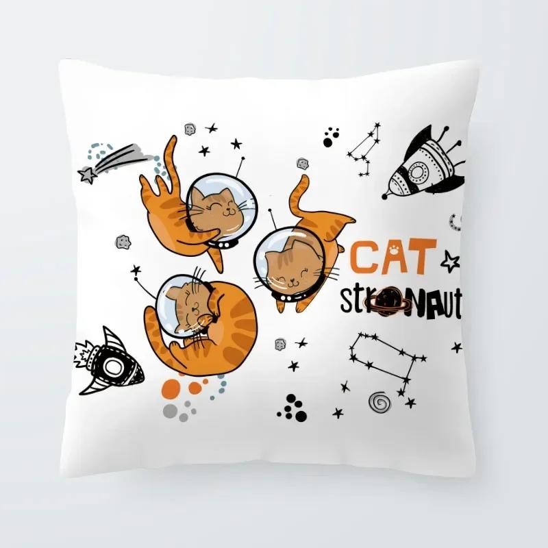Astronaut Cat Planet Text Pillowcase Decoration Living Room Bedroom Sofa Pillowcase Creative Fun Cartoon Cushion Cover