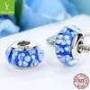 Sterling Silver 925 Blue Pattern Murano Glass Spacer Bead, Threaded, Large Hole, SCZ006