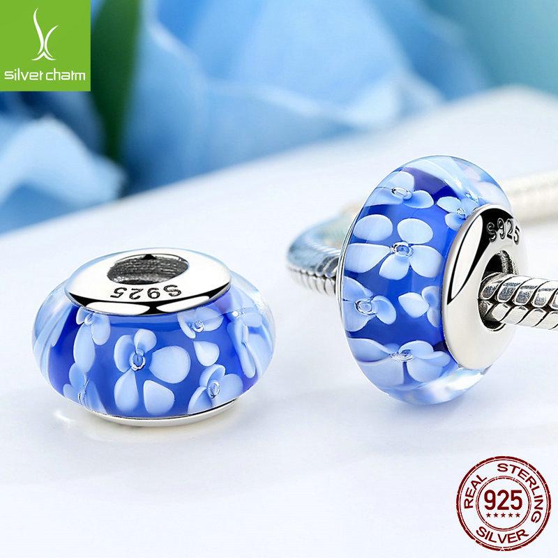 Sterling Silver 925 Blue Pattern Murano Glass Spacer Bead, Threaded, Large Hole, SCZ006