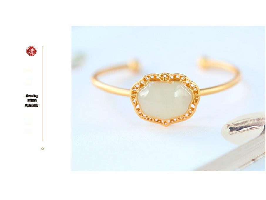 Imitation Hetian Jade Openwork Lace Geometric Bracelet - Retro White Ruyi Lock Fortune Bangle
