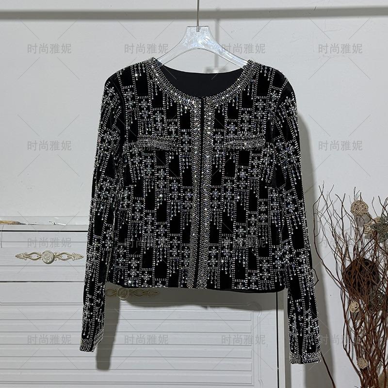 Fashion Yani Black Heavy Industry Sequined Beaded Short Jacket Women's Crew Neck Slim-fit Pearl Cardigan Top Tide