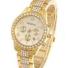 Geneva Ladies Gold Diamond-Set Quartz Watch with Three-Eye Date Display and Alloy Steel Band.