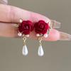 1Pairs Rose Flower Decorative Earrings Red Velvet Rose Pearl Stud Earrings  Wedding Jewelry