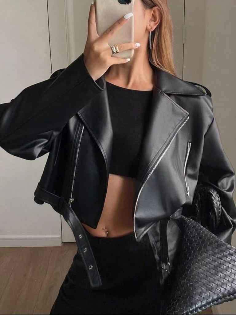 Cross-border Wholesale European and American Style Short PU Leather Jacket for Women, Motorcycle Jacket, Slim Fit, High-end Black Jacket, Trendy Insta
