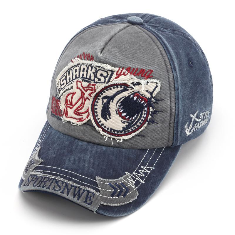 New Embroidered Shark Denim Cap Made Old Washed Trendy Men's Personalized Baseball Cap Women's Sunshade Sunscreen Cap