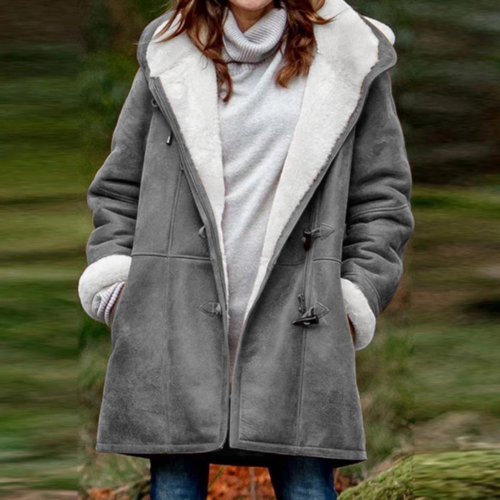 Femmes hiver grande taille solide Plus manteau de velours à manches longues corne boucle poche pardessus