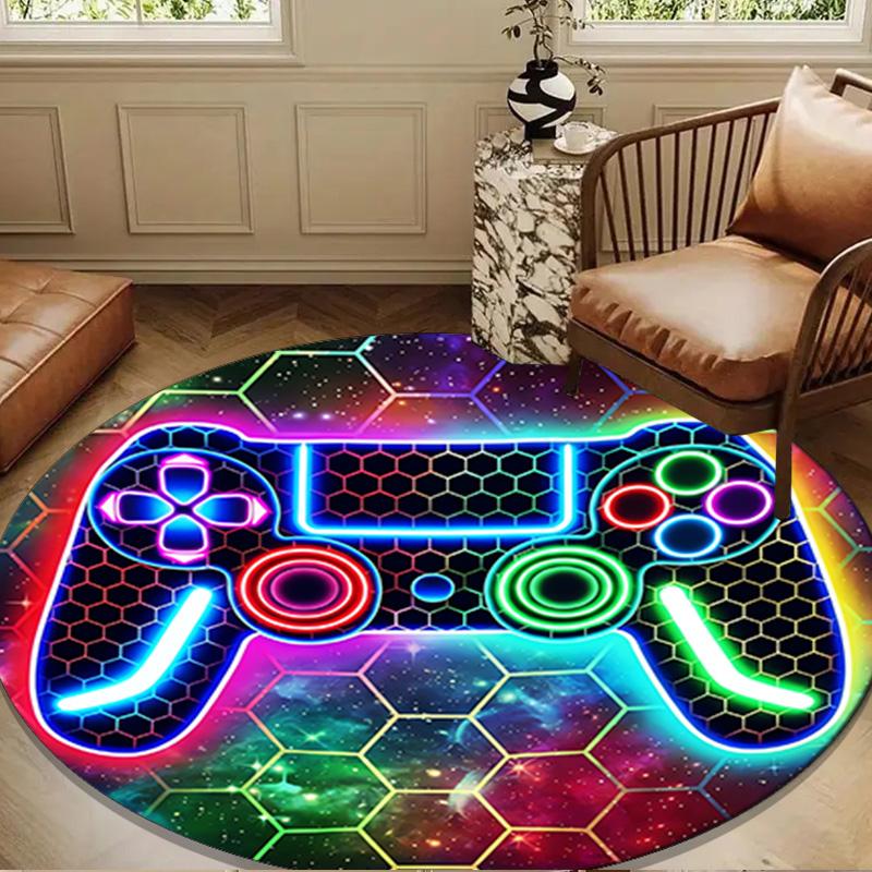 Neon Gaming Controller Round Rug for Livingroom,Bedroom, Palyroom, Chair Rug, Area Rug, Circle Carpet, Large Size Fan Christmas Gift