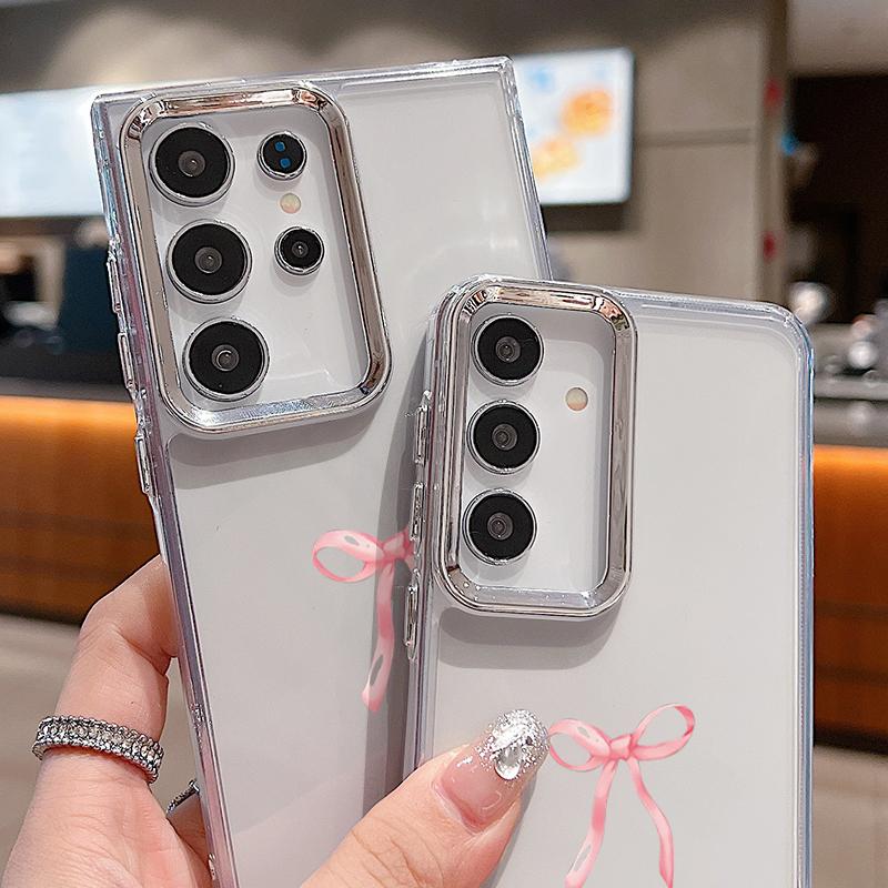 Pink Bowknots Print Case For Samsung S26 S25 Ultra S24 FE S23 Plus S22 S21 A15 A16 A17 A35 A36 A37 A54 A55 A56 A57 5G Plating Lens Soft Cover