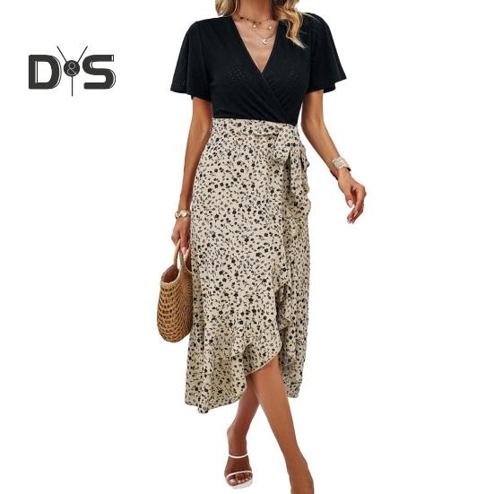Women's Ruffle Irregular Hem Midi Dress Short Sleeve V-Neck Printed Wrap Dress Summer Beach Wedding Guest Dresses