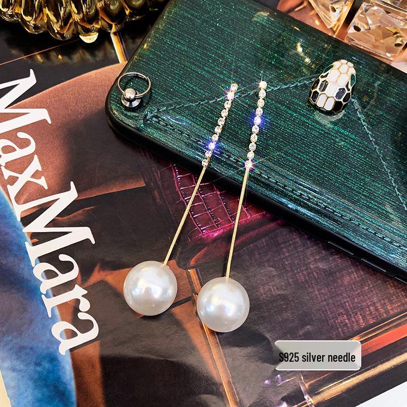 Korean Elegant Pearl Rhinestone Long Dangle Earrings for Women - Trendy Mori Style